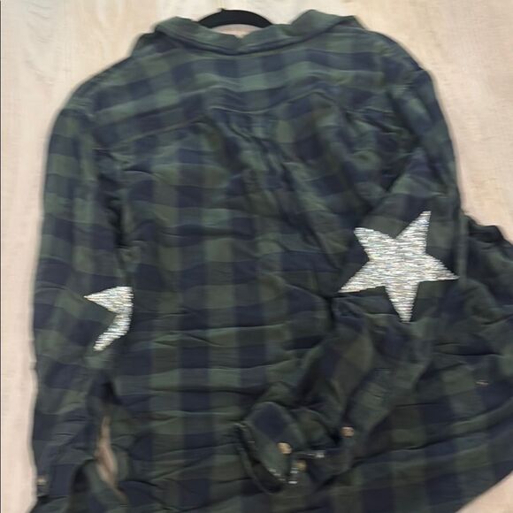 LF Green and Blue Oversized Plaid Flannel Button Down with Stars - Picture 3 of 4